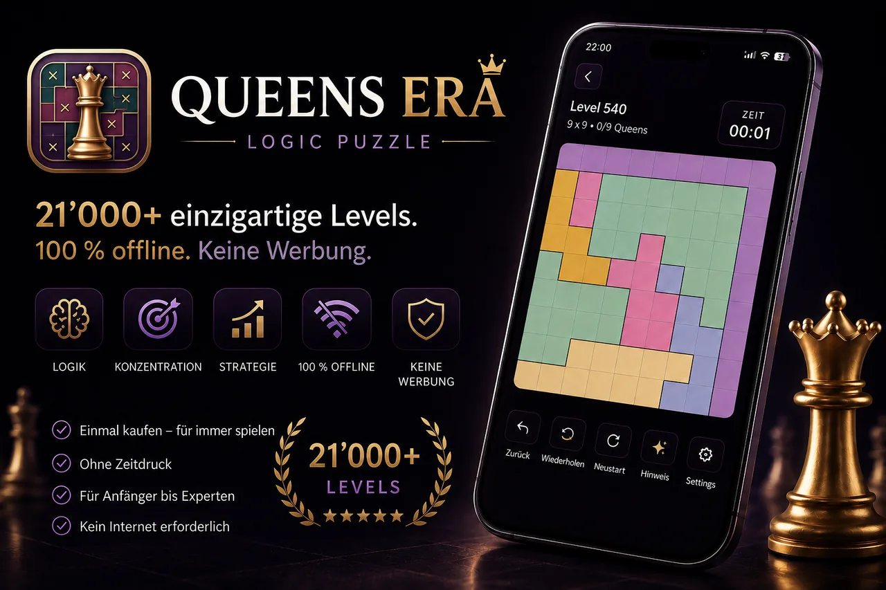Queens Era mit App-Icon, Spielfeld und Produktmerkmalen