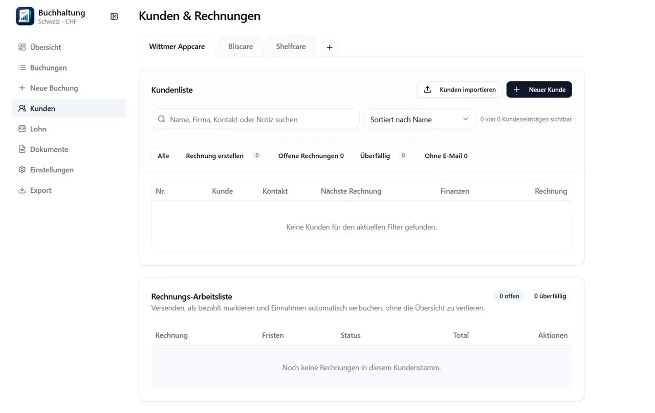 Saldocare Kunden und Rechnungen mit Kundenliste, Filtern und Rechnungs-Arbeitsliste