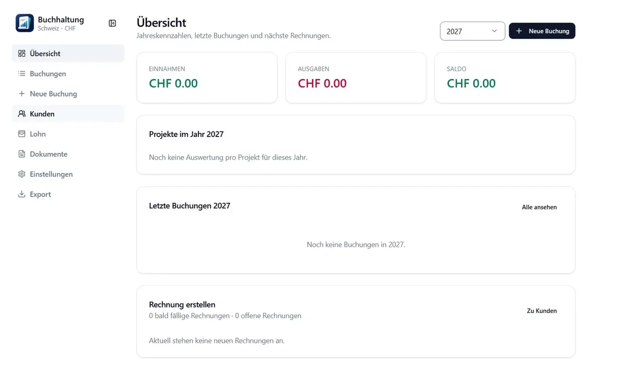 Saldocare &Uuml;bersicht mit Kennzahlen, Projekten, letzten Buchungen und Rechnungsbereich